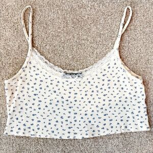 Brandy Melville Cropped Cami Tank Top Small OS Blue Floral Lace Coquette Y2K